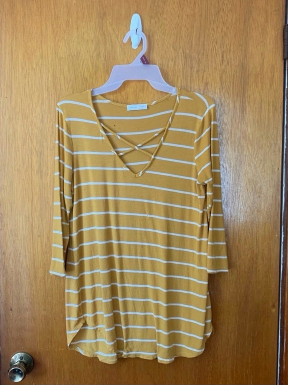 Striped Crisscross V-Neck Tunic Top - Mustard & White